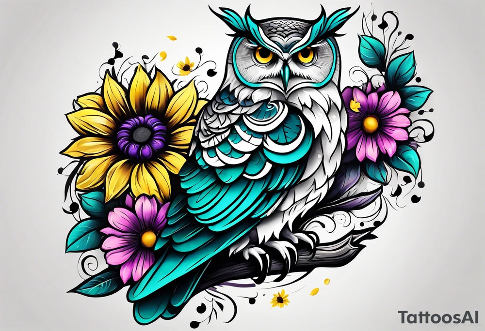 Black and white owl shaded teal, pink and purple surrounded by yellow sunflowers sleeve tattoo idea
