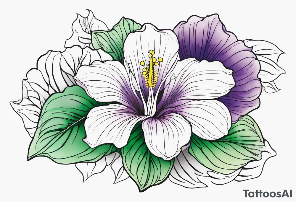 An outline of a rio dipladenia flower with a green and purple watercolor sky in the background tattoo idea