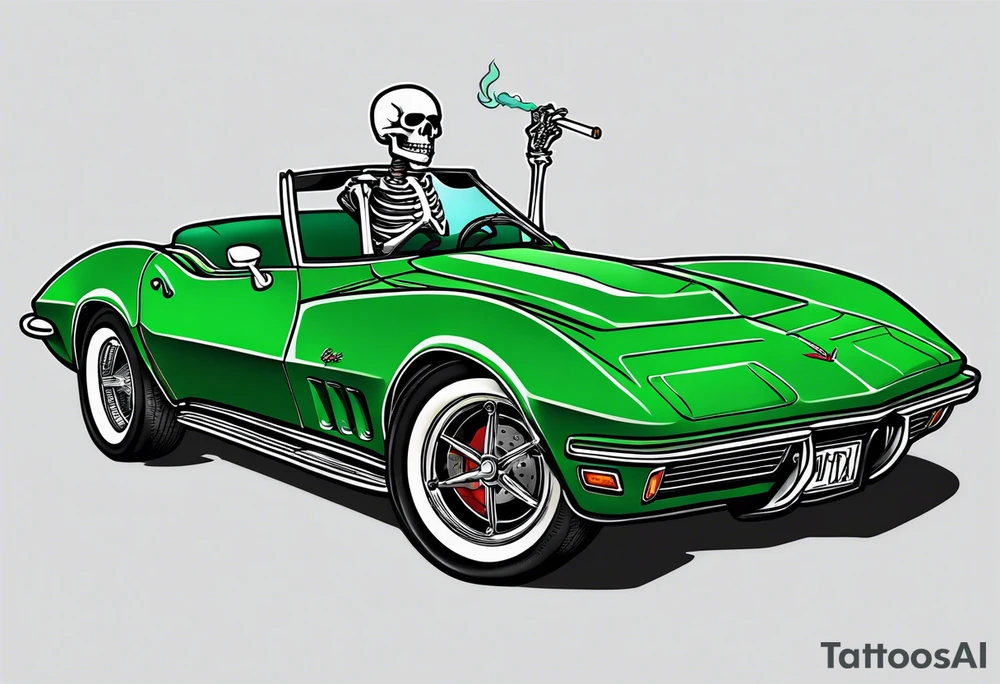 Skeleton smoking a cigarette driving a green 1976 convertible Corvette tattoo idea