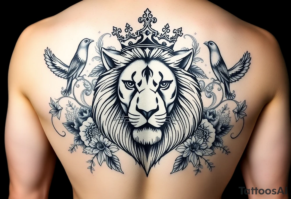 powerful majestic lion with a crown, surrounded by floral ornaments and birds tattoo idea