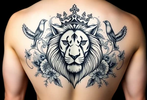 powerful majestic lion with a crown, surrounded by floral ornaments and birds tattoo idea