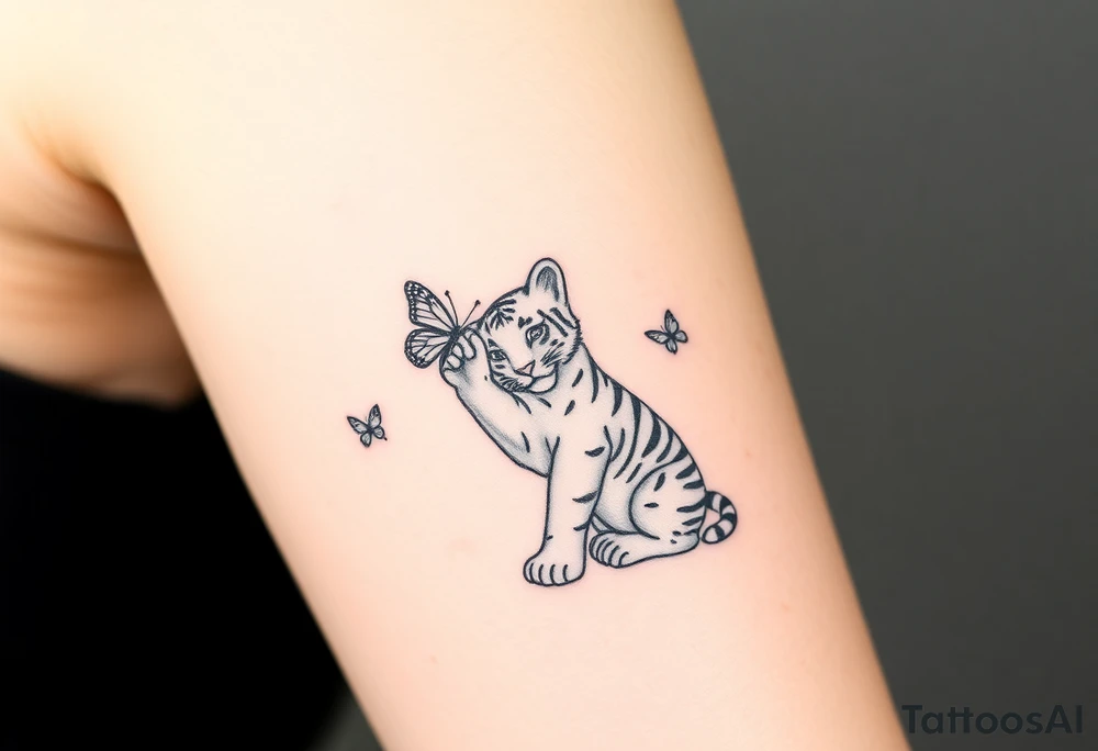 Tiger cub sitting down with paw up and on the paw is sitting a butterfly and there’s two butterflies on each side tattoo idea