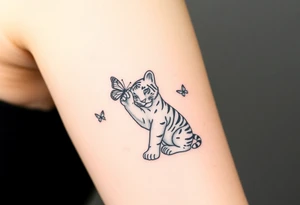Tiger cub sitting down with paw up and on the paw is sitting a butterfly and there’s two butterflies on each side tattoo idea