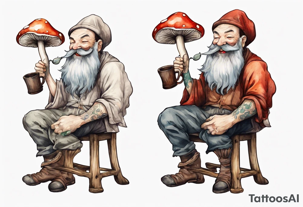 a medieval mushroom with a beard sitting on a stool drinking from a wood mug, laughing tattoo idea
