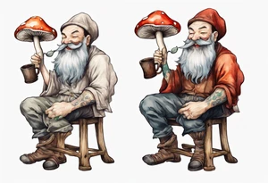 a medieval mushroom with a beard sitting on a stool drinking from a wood mug, laughing tattoo idea