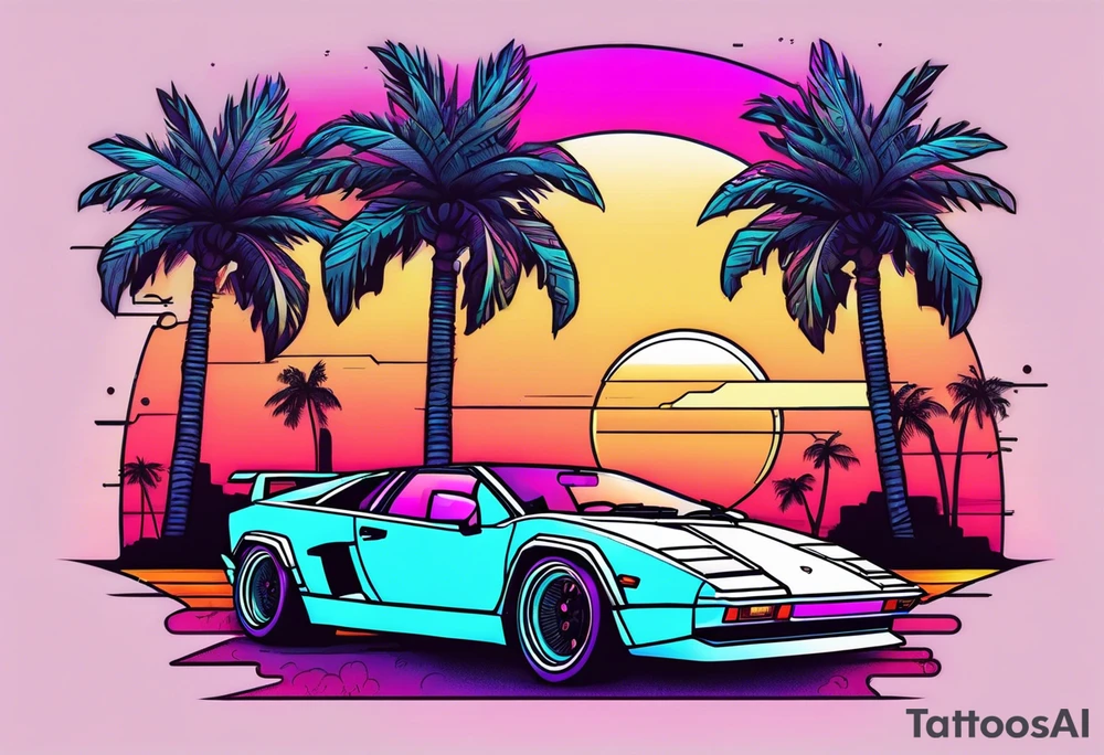 Synthwave tattoo with palm trees and an old lamborghini driving. tattoo idea