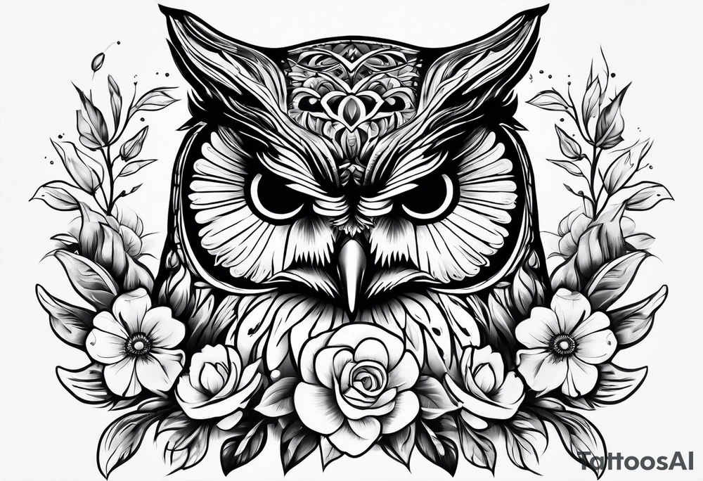 female owl with flowers tattoo idea