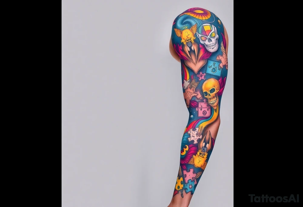 left arm full sleeve to support autism awareness full color and completed filled sons name written on there as well tattoo idea