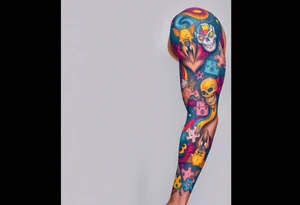 left arm full sleeve to support autism awareness full color and completed filled sons name written on there as well tattoo idea