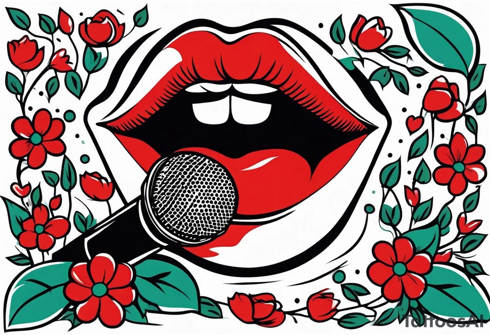 lips singing old school vintage traditional
flowers around and mouth next to microphone
bold and colorful simple design comic book tattoo idea