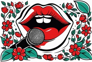 lips singing old school vintage traditional
flowers around and mouth next to microphone
bold and colorful simple design comic book tattoo idea