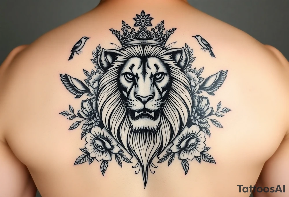 powerful majestic lion with a crown, surrounded by floral ornaments and birds tattoo idea