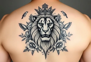 powerful majestic lion with a crown, surrounded by floral ornaments and birds tattoo idea