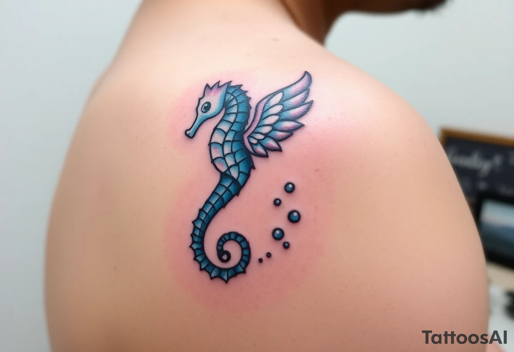 A seahorse with angelic wings in soft pastel blues and whites, leaving a sparkling trail of bubbles tattoo idea