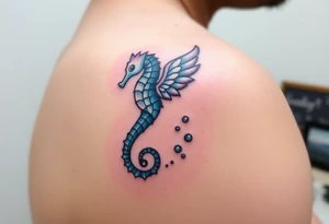 A seahorse with angelic wings in soft pastel blues and whites, leaving a sparkling trail of bubbles tattoo idea