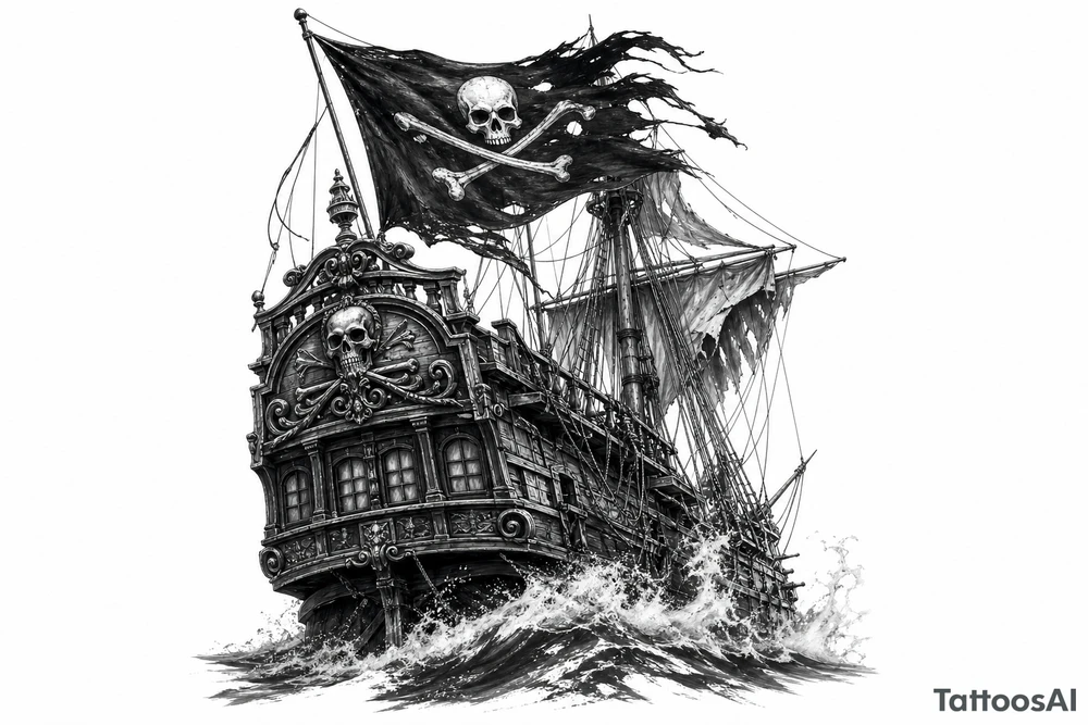 Detailed pirate ship stern, waves crashing over deck, tattered Jolly Roger flag. tattoo idea