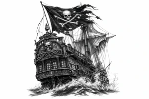 Detailed pirate ship stern, waves crashing over deck, tattered Jolly Roger flag. tattoo idea