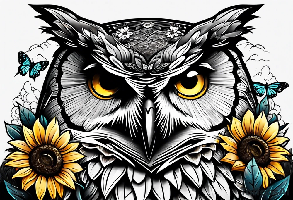 Owl with butterfly body surrounded by sunflowers tattoo idea