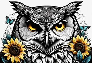 Owl with butterfly body surrounded by sunflowers tattoo idea