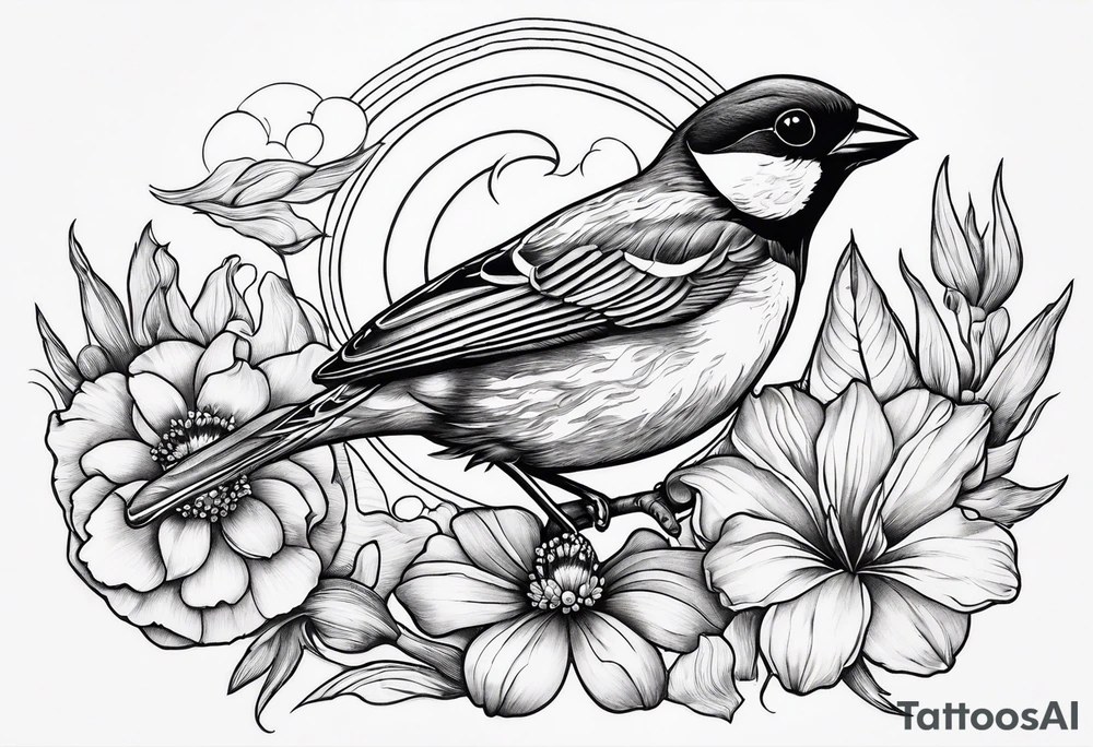 mens neck sleeve sparrow, om symbol, cosmos, iris, daisy, sun rays clouds tattoo idea