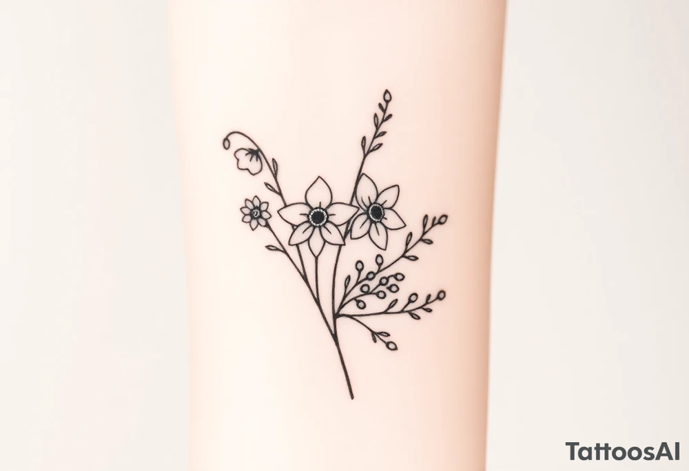 Bouquet of birth months flowers Lilly of the valley, daffodil, larkspur and Ilex aquifolium with berries tattoo idea