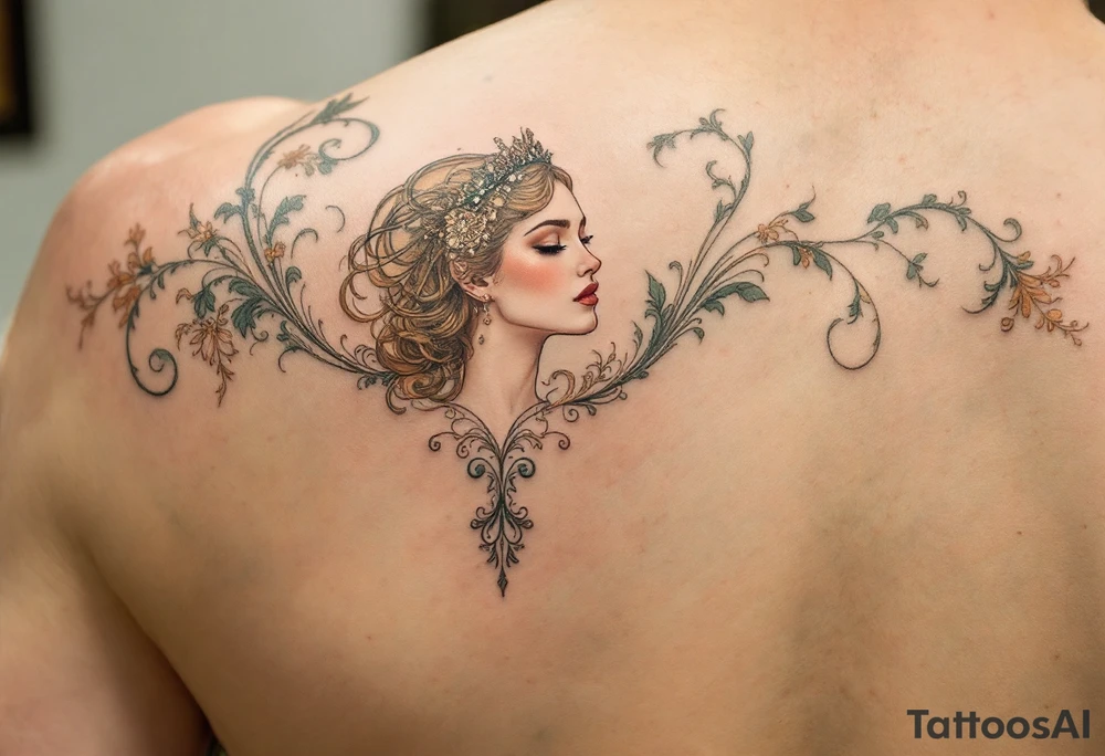 Alfons Mucha’s timeless beauty in a pearl-white gown, framed by sage green swirls and delicate rose gold detailing. tattoo idea