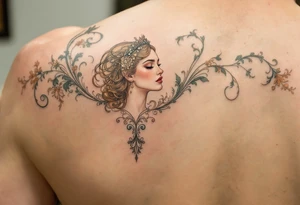 Alfons Mucha’s timeless beauty in a pearl-white gown, framed by sage green swirls and delicate rose gold detailing. tattoo idea