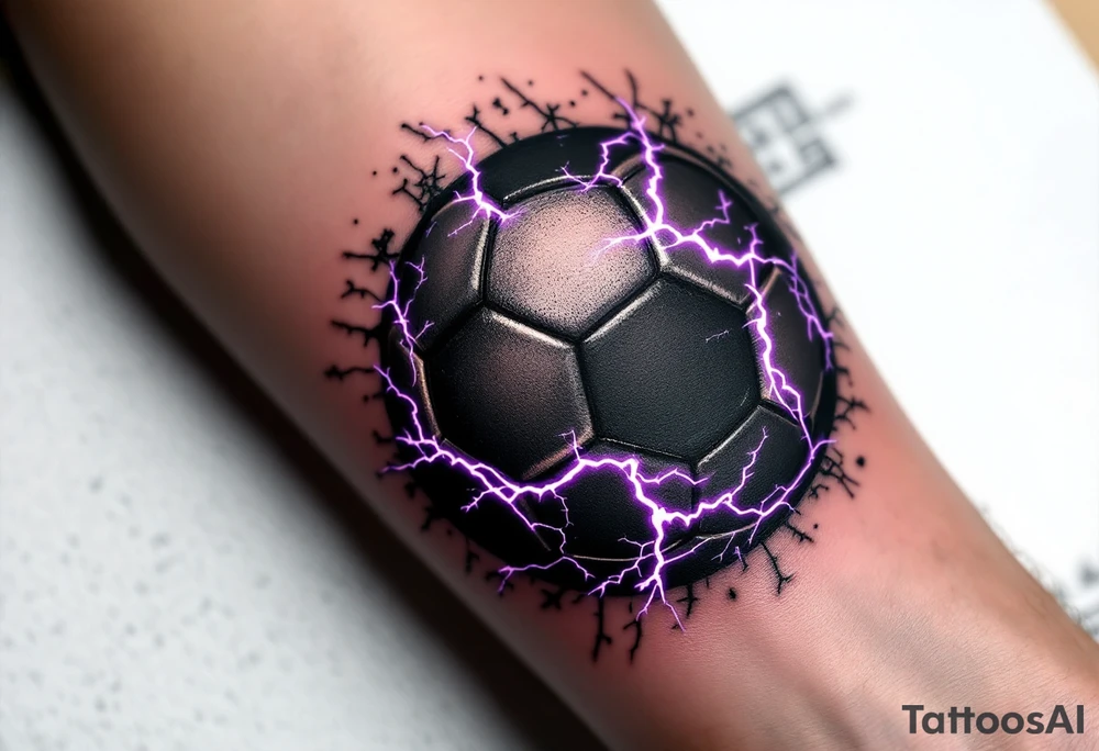 A black soccer ball with purple lightning bolts cracking across its surface. tattoo idea