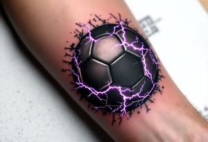 A black soccer ball with purple lightning bolts cracking across its surface. tattoo idea