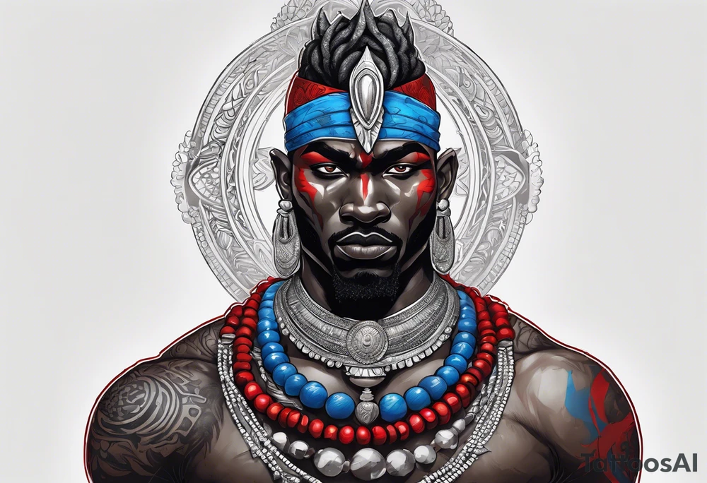 Black-skinned african god of war with a small silver crown, no armor, and two ball necklaces: one blue, other red tattoo idea