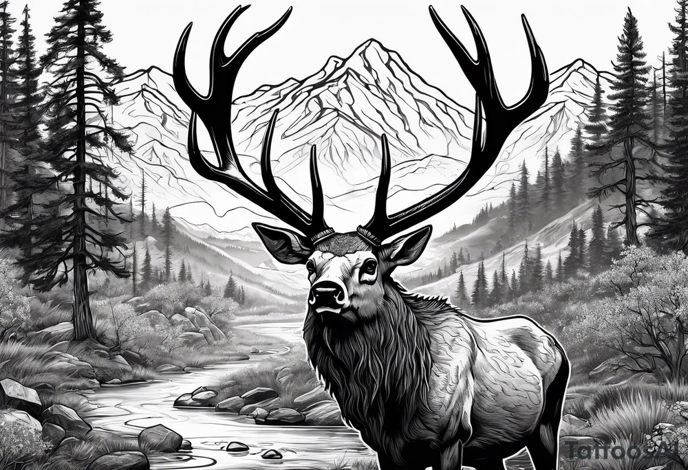 elk skull with mountains and trees
with a stream and birds overhead tattoo idea