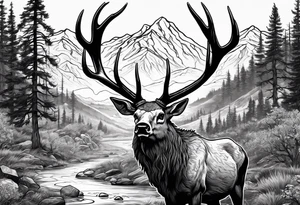 elk skull with mountains and trees
with a stream and birds overhead tattoo idea