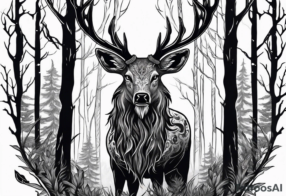 A wendigo with a deer skull head with flames behind in a forest tattoo idea