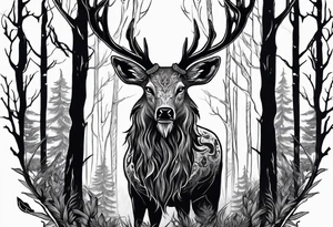 A wendigo with a deer skull head with flames behind in a forest tattoo idea