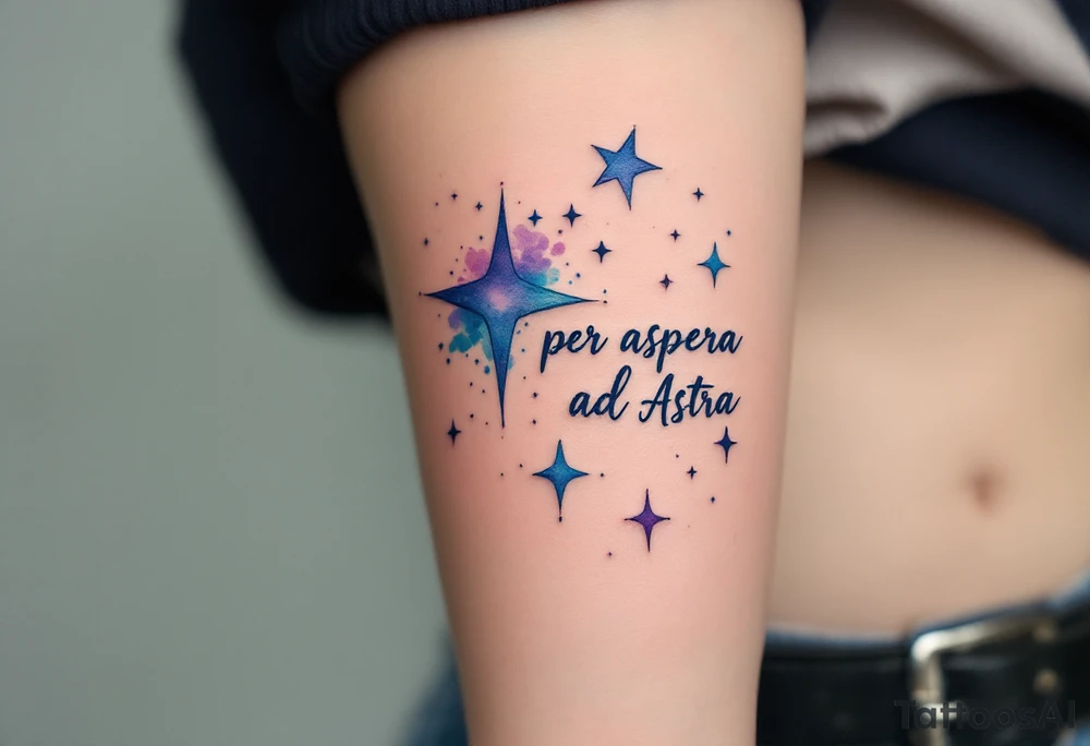 A celestial forearm piece features “Per aspera ad Astra” in silver cursive beneath blue-and-purple watercolor stars. tattoo idea