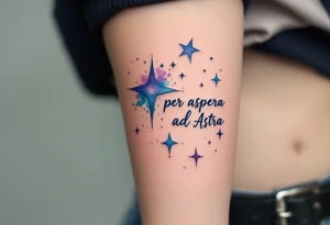 A celestial forearm piece features “Per aspera ad Astra” in silver cursive beneath blue-and-purple watercolor stars. tattoo idea