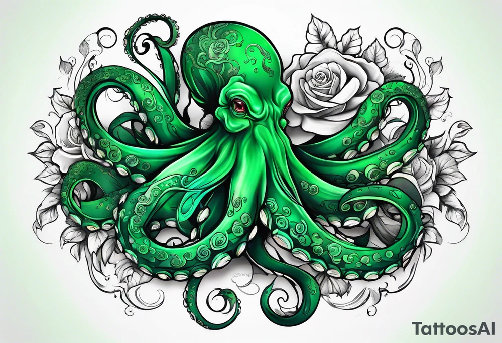 Electric octopus peaceful green roses tattoo idea