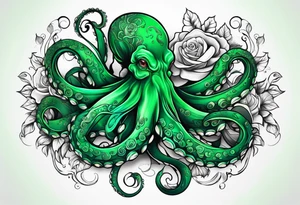 Electric octopus peaceful green roses tattoo idea