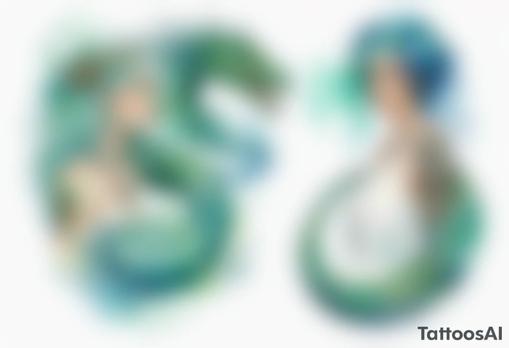 a watercolor sea serpent next to a women with blue-green hair wearing a white tunic tattoo idea
