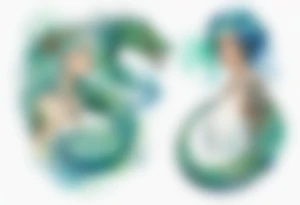 a watercolor sea serpent next to a women with blue-green hair wearing a white tunic tattoo idea