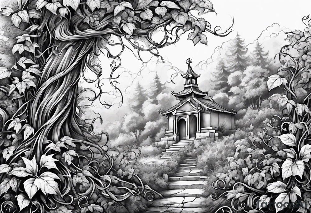 Leafy vines with grave yard tattoo idea