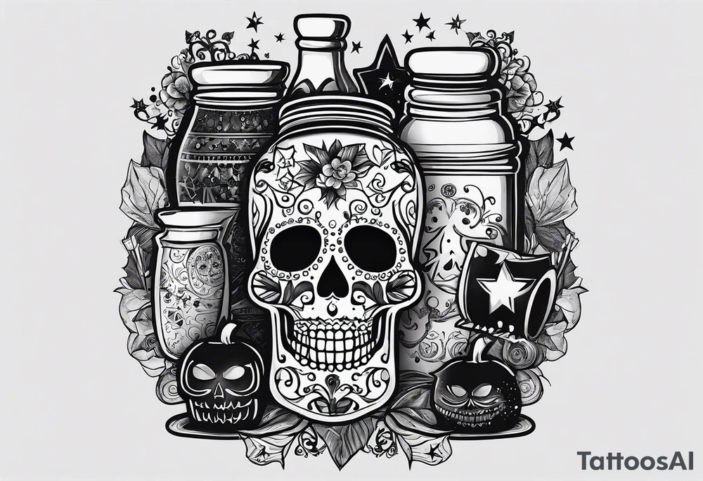 Trick or treat, sugar skull, 20 oz tumbler banner design, candy, minimalist, potions, brew, broom, spellbound, voodoo, cat, poly juice potion, moon, stars, sugar skull tattoo idea