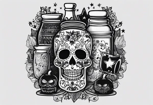 Trick or treat, sugar skull, 20 oz tumbler banner design, candy, minimalist, potions, brew, broom, spellbound, voodoo, cat, poly juice potion, moon, stars, sugar skull tattoo idea