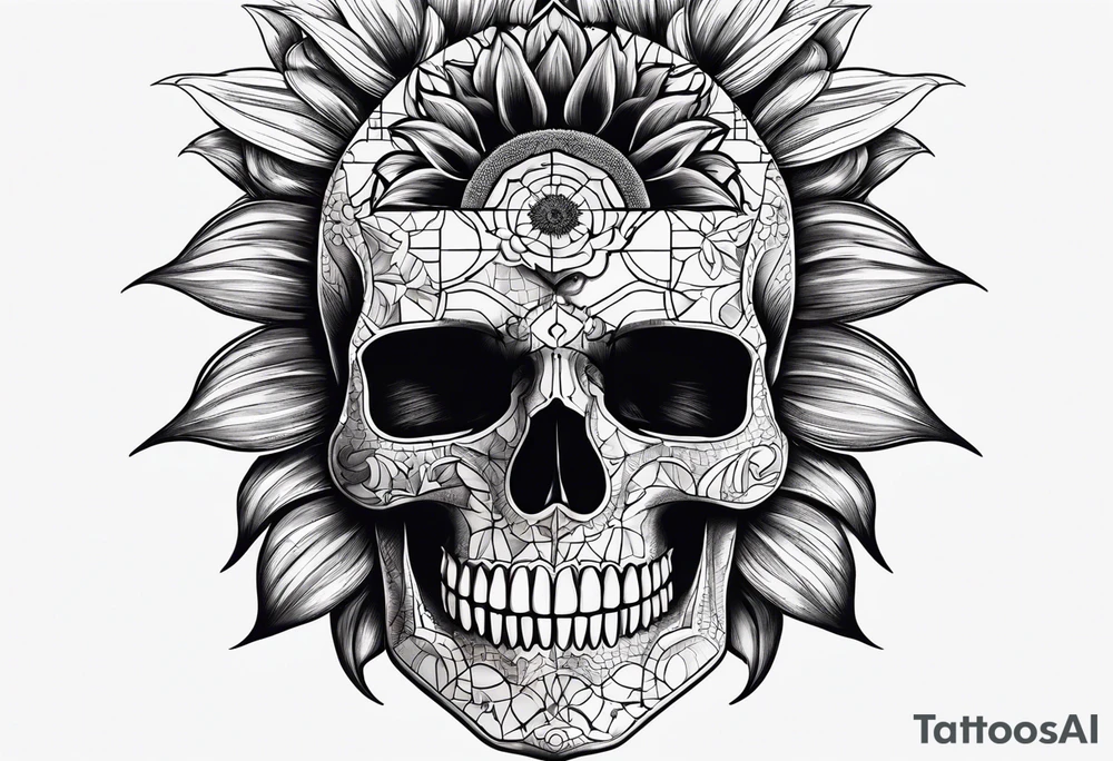 Sunflower, skull with puzzle pieces of real face tattoo idea