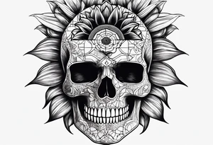 Sunflower, skull with puzzle pieces of real face tattoo idea