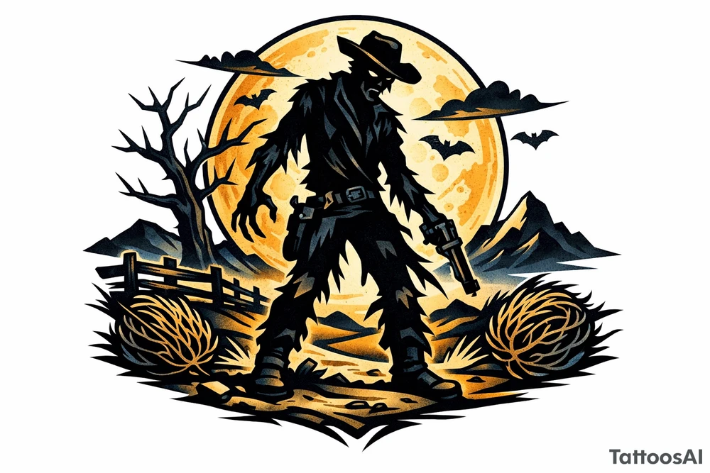 Zombie cowboy silhouette on a moonlit prairie, tumbleweeds rolling. tattoo idea