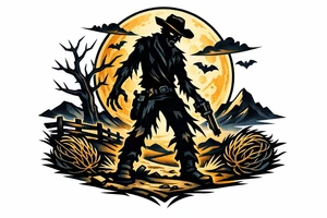 Zombie cowboy silhouette on a moonlit prairie, tumbleweeds rolling. tattoo idea