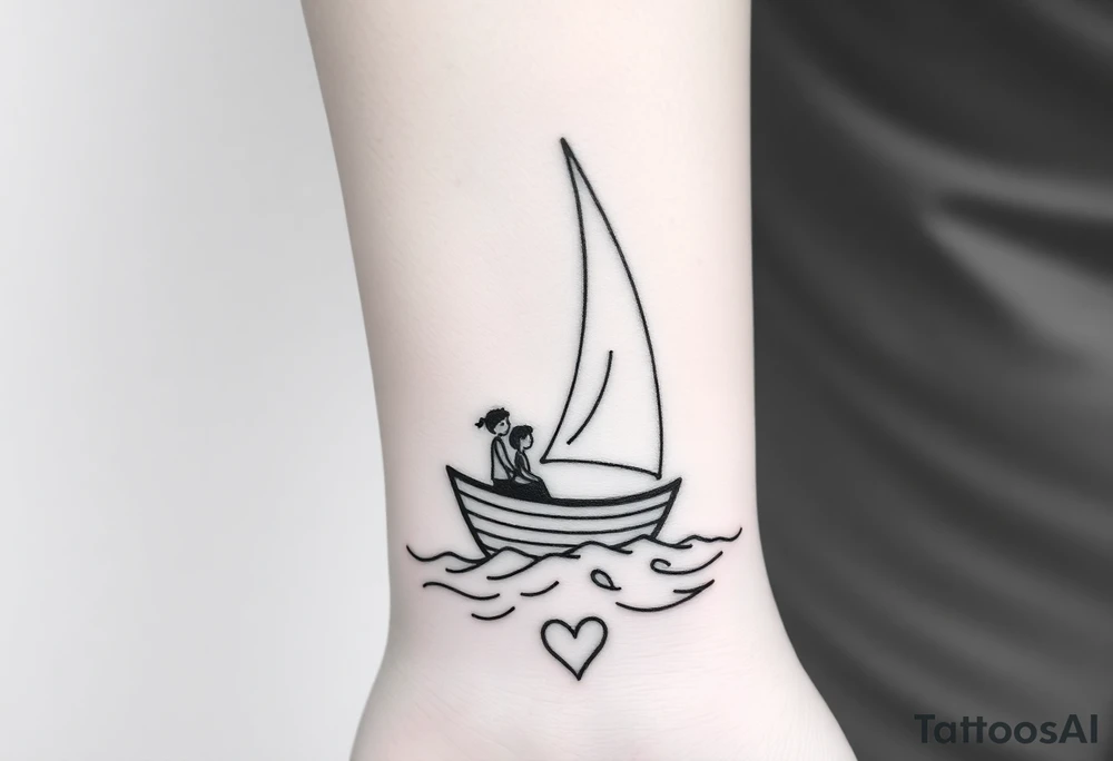 Create a simple sailboat sailing on the ocean. Add a boy and a girl in the boat. Add a heart. tattoo idea