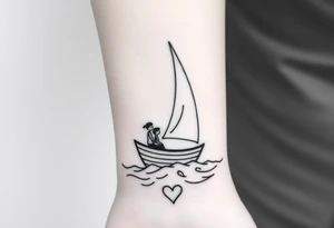 Create a simple sailboat sailing on the ocean. Add a boy and a girl in the boat. Add a heart. tattoo idea