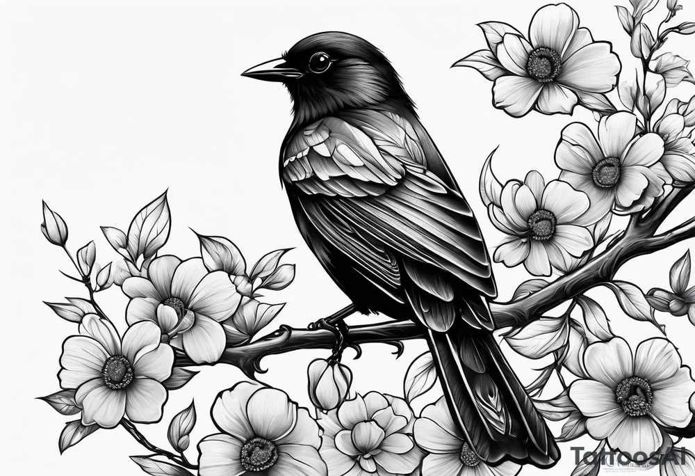 Black bird about to fly on a branch with flowers tattoo idea